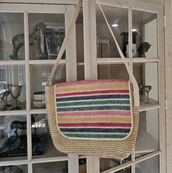 Vintage 80’s KORET Raffia Woven Straw Messenger Tote Colorful Beach Summer - Picture 2 of 9